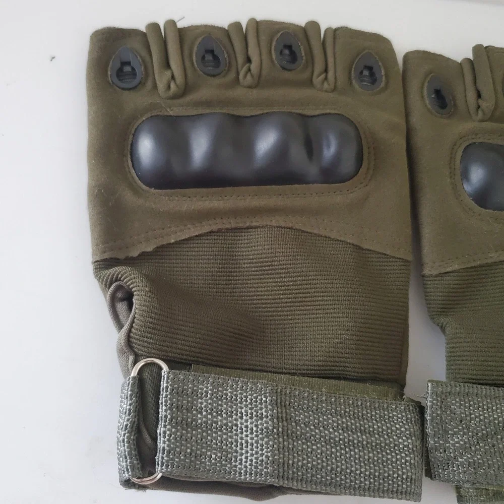 Tactical Fingerless Gloves Olive Green Hard Knuckle Military Style Half Finger - Picture 2 of 11